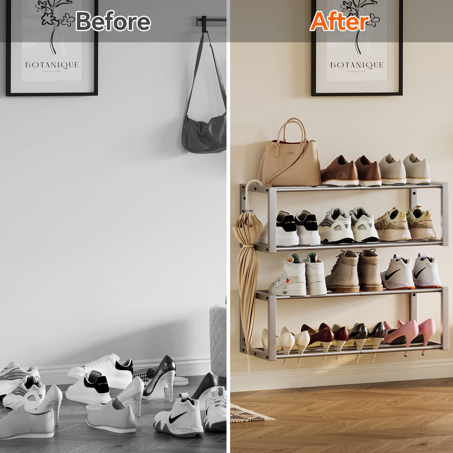Hanging Shoe Organizer,2 Pack Wall Mounted Shoe Rack Holds 12 Pairs,Space Saving Metal Wall Shoe Rack,Hanging Shoe Rack Shoe Holder for Small Space,Entryway,Closet,RV,Camper（Sliver)