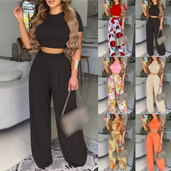 Jacenvly Summer Savings Loose Fashion Women Summer Froral Print Casual Short Sleeve Top Pant Set Solid Round Neck Skin-Friendly Plus Size Womens Clothes Black