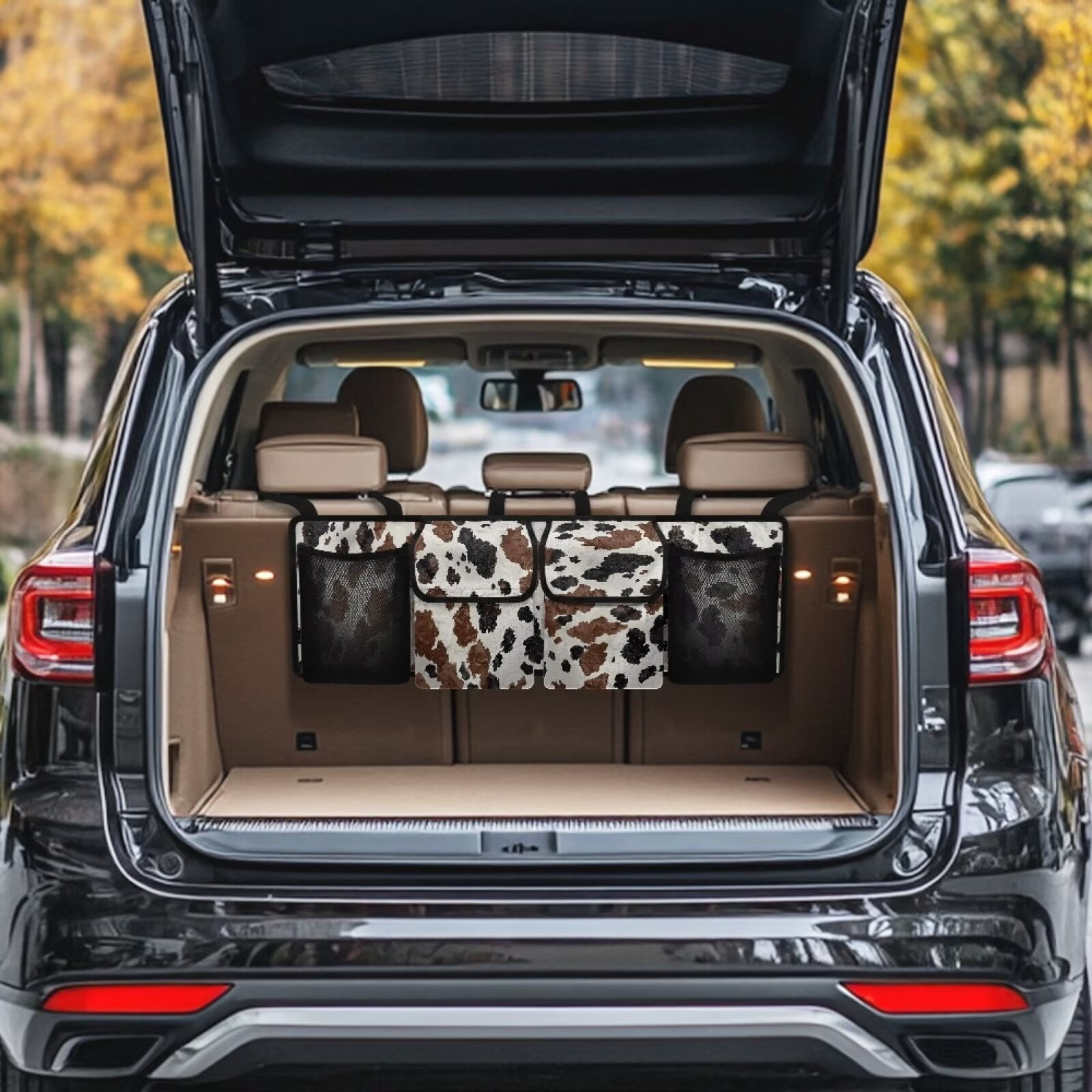 KUIFORTI Car Trunk Organizer with 4 Pockets, Oxford Cloth Cow Print Vehicle Hanging Backseat Cargo Storage Bag, Detachable Auto Seat Back Organizing Bag, Universal for SUV, Truck, RV, Brown