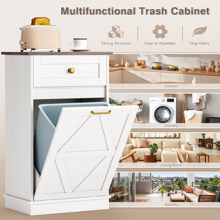 Lacoo 10 Gallon Tilt Out Trash Cabinet with Drawer, Kitchen Trash Can Cabinet, Garbage Recycling Cabinet for Kitchen, White