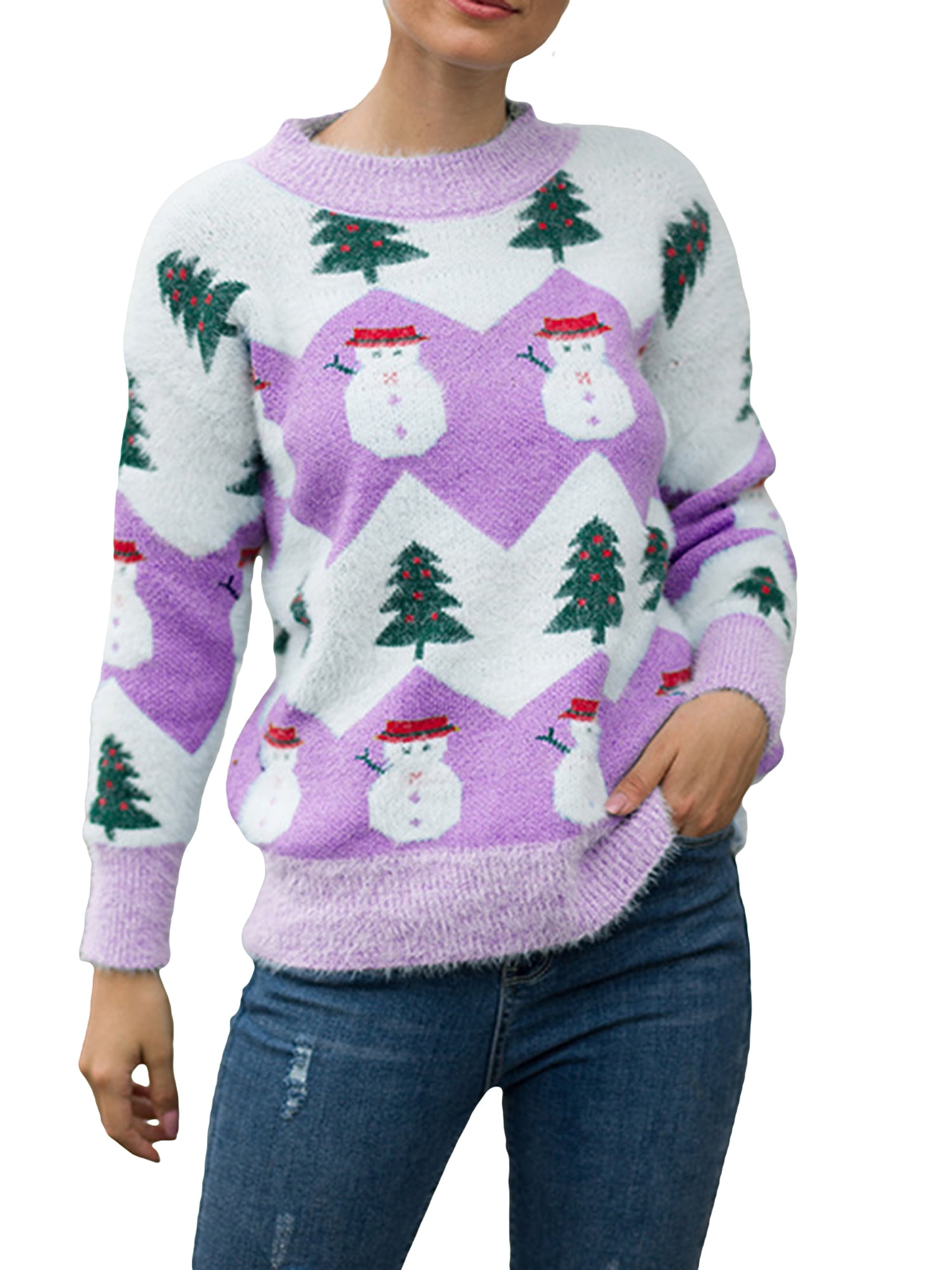 Womens Knit Sweater Ugly Christmas Long Sleeve Crewneck Pullover Cute Snowman Graphic Basic Loose Knitwear 