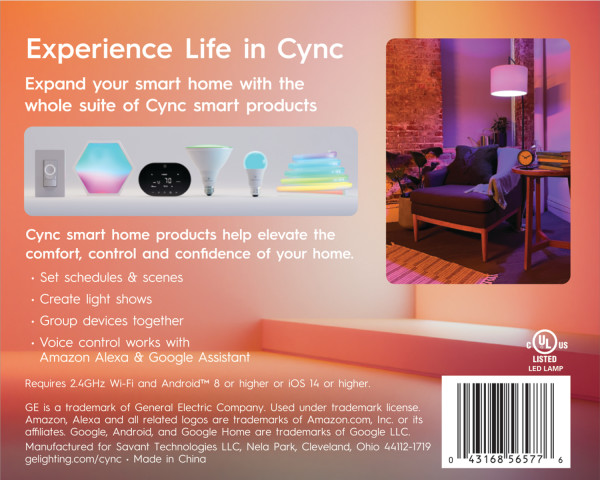 GE Cync Direct Connect A19 Smart LED Bulbs, 4-Pack, Color photo 3