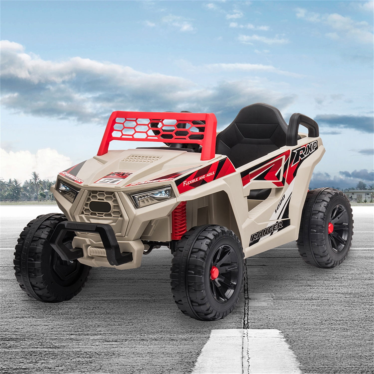 CIPACHO 12V Electric Ride on Cars, Realistic Off-Road UTV, Battery Powered Ride On Truck, Motorized Vehicles for Kids, Music, Spring Suspension, LED Light, Beige
