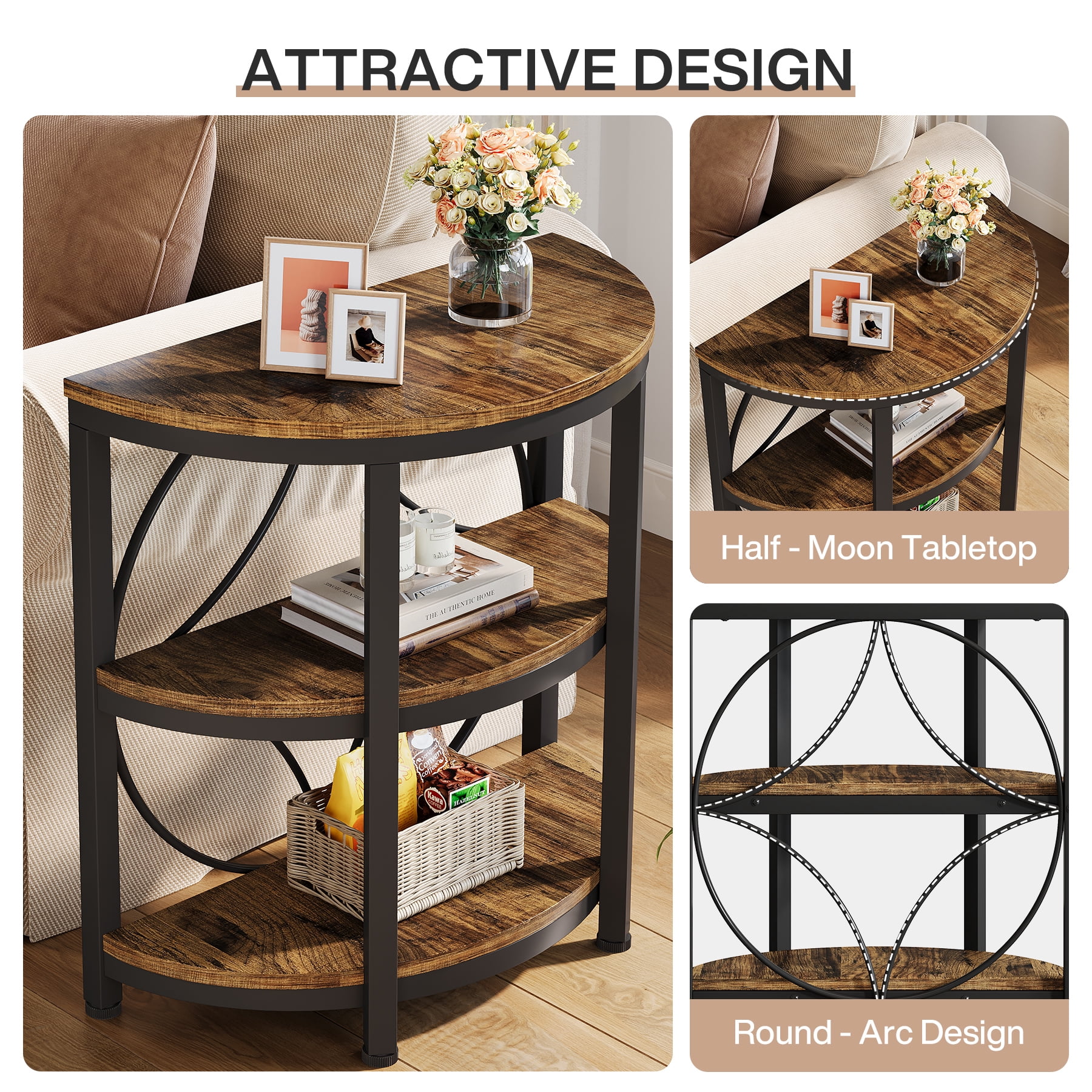 Fnova Farmhouse Half-Moon End Table, 3-Tier Storage Wood Side Table with Metal Frame, Modern Bedside Table, Narrow Sofa Table for Living Room Bedroom, Easy Assembly, Vintage Brown