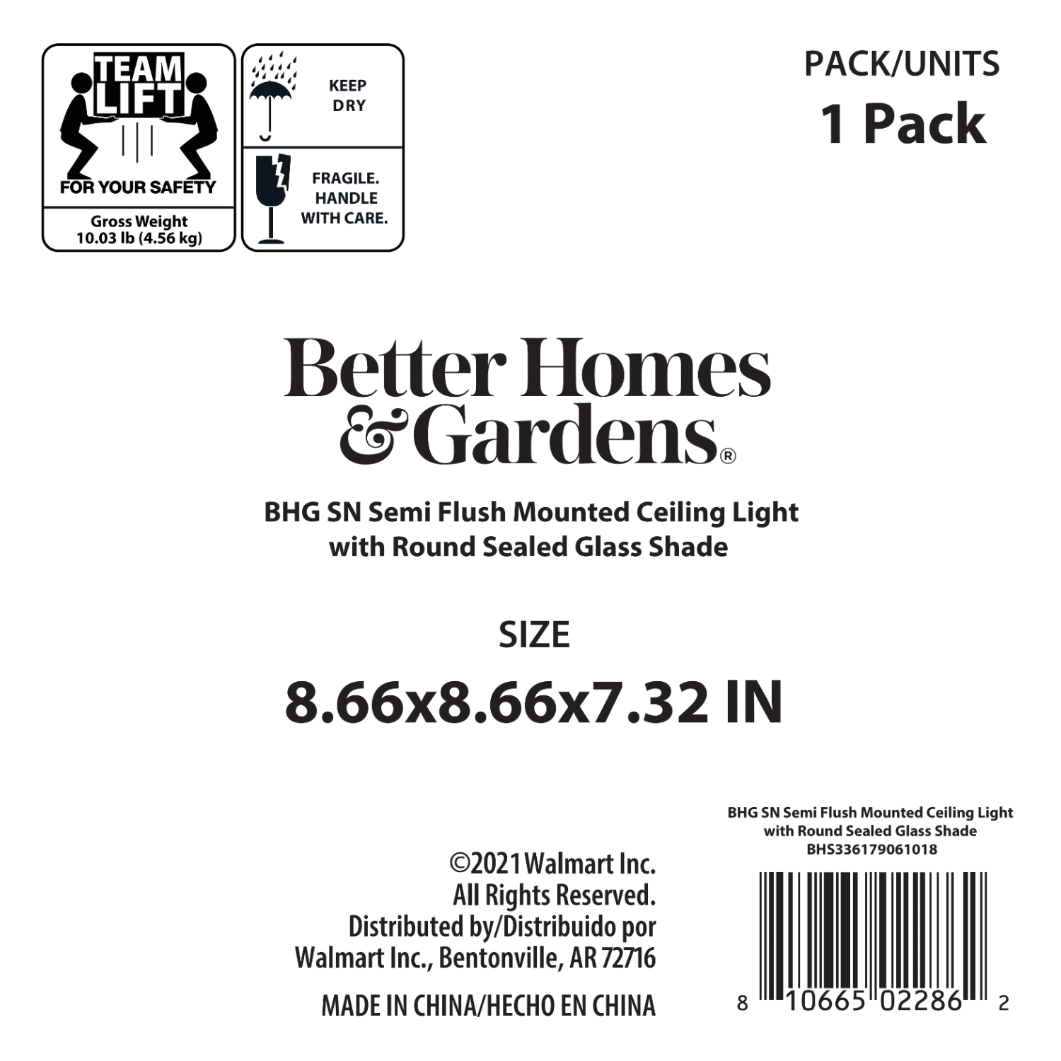 Better Homes &Gardens 8.66in LED Ceiling Light, 40w Dimmble Filament Bulb, Semi Flushed Satin Nickle