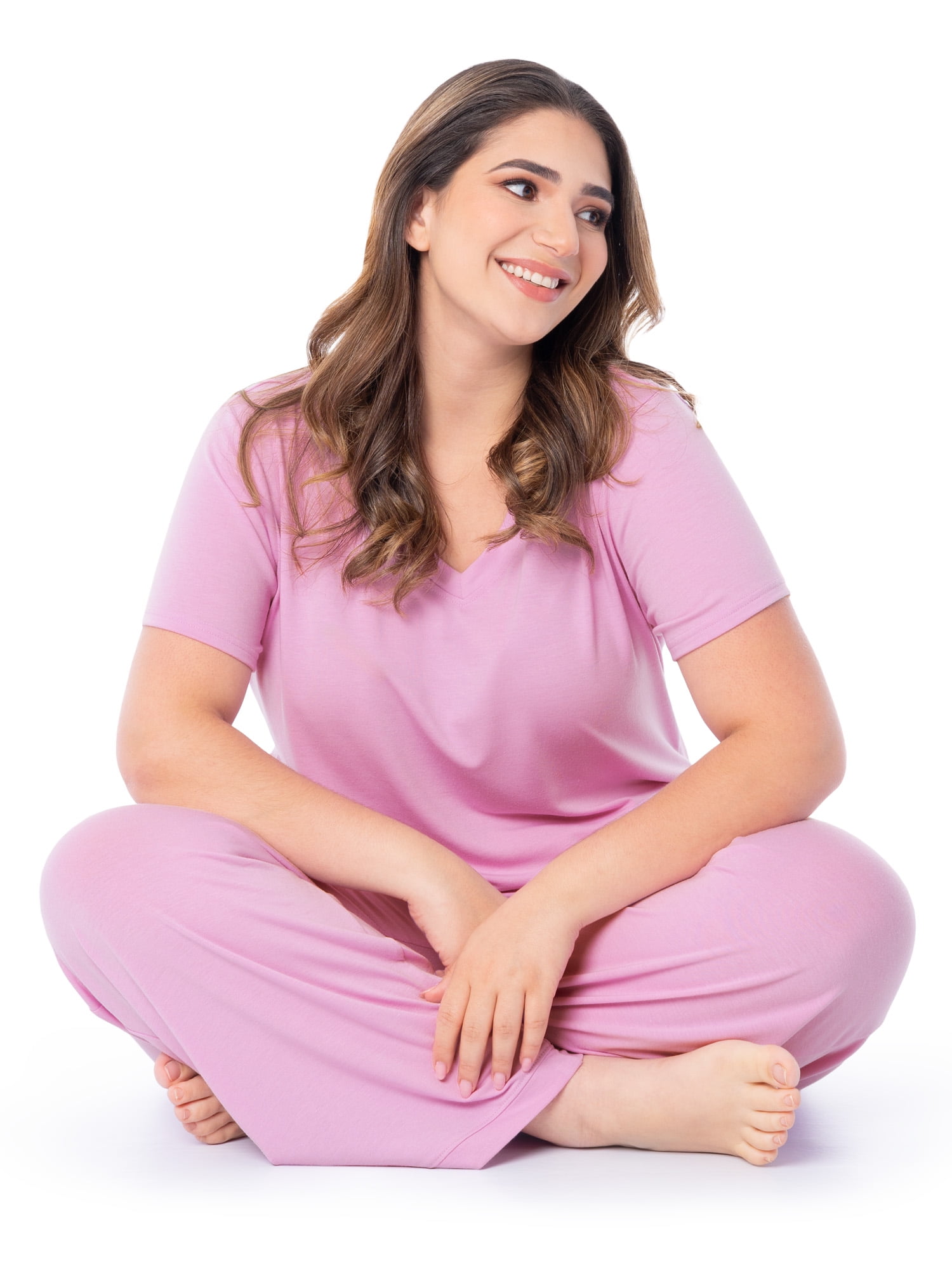Fruit of the Loom Women's Soft & Breathable V-Neck Short Sleeve Top & Pajama Pant Set, Sizes S-4X