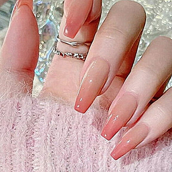 24pcs Press On False Nails Fake Nail Salon Full Cover Design for Women Girls Gift Extra Long Coffin Gradient Peach Pink