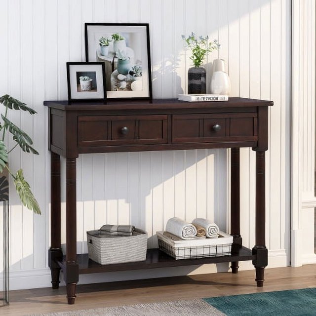 35.5 Inch Antique Entry Console Table with Drawers & Bottom Open Shelf, Solid Wood Sofa Couch Table for Entryway Hallway Living Room (Espresso)