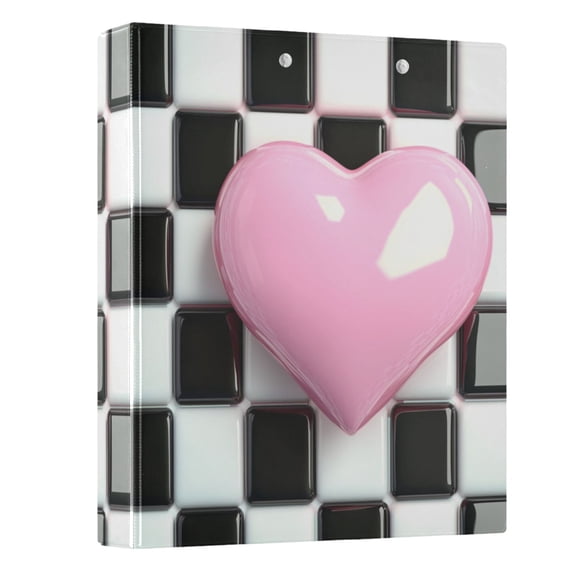 Pink Heart on Checkered Hardcover 3 Ring Binder 1.5” Round Rings Letter Size Paper Pockets for School Office Supplies