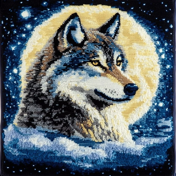 Latch Hook Pillow Kits Embroidery Latch Hooking Crochet Kits 17x17inch - Animal wolf and moon