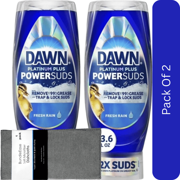Dawn Platinum Plus PowerSuds Dish Soap, Liquid Dishwashing Soap, 13.6 oz EZ-Squeeze Bottle with Microfiber Solid Color Dishcloth by BundleEase