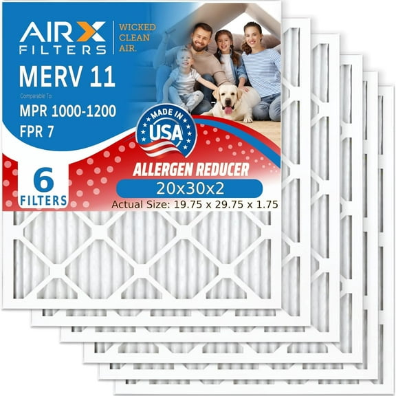 20x30x2 Air Filter MERV 11 Comparable to MPR 1000, MPR 1200 & FPR 7 Electrostatic Pleated Air Conditioner Filter 6 Pack HVAC Premium USA Made 20x30x2 Furnace Filters by AIRX FILTERS WICKED CLEAN AIR.