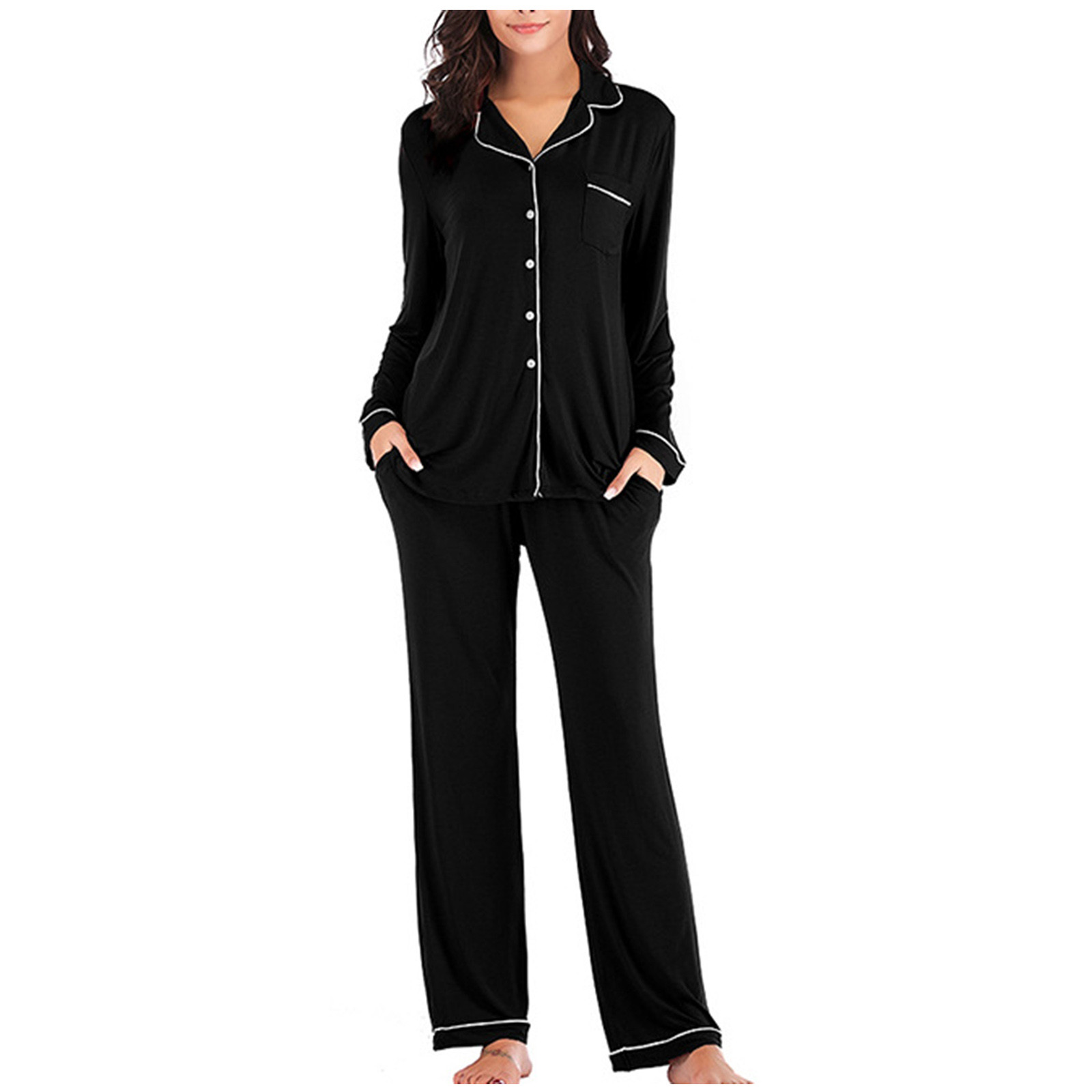 Pyjama 2 Pièces Femme En Satin/Coton - Haut V Manches Longues - Pantalon Large - Confortable Pour Dormir Ou Maison