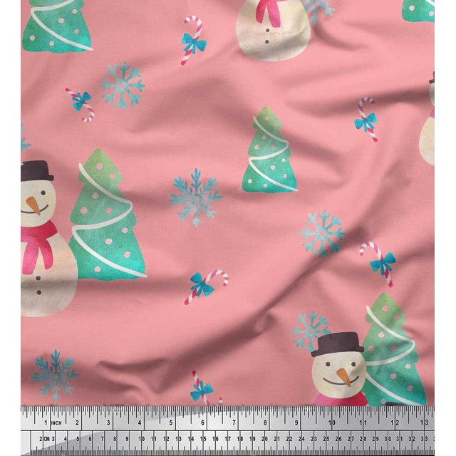 Soimoi Orange Poly Georgette Fabric Snowman & Tree Christmas Print Fabric by Yard 52 Inch Wide