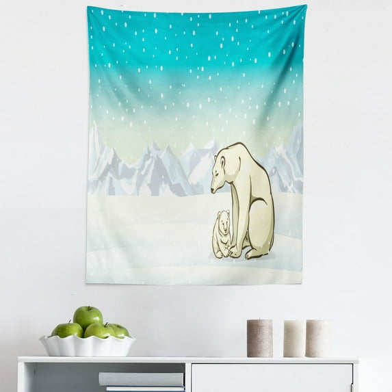 Polar Bear Tapestry, Northern Landscape Arctic Polar Bears on Snow Ice Family Animal, Fabric Wall Hanging Decor for Bedroom Living Room Dorm, 5 Sizes, Turquoise White Cream, by Ambesonne