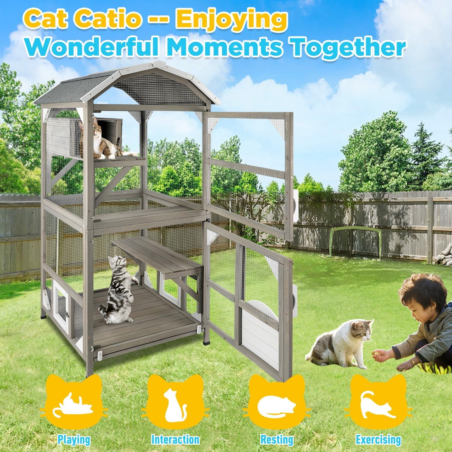 PETSCOSSET Cat House Outdoor Cat Enclosure Catio with Platforms