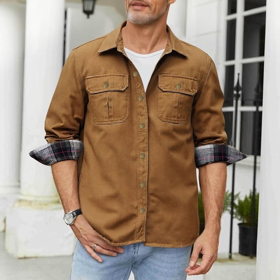 FchengtaiS Men's Plaid Lined Cargo Jackets Button Down Long Sleeve Collared Coat Lightweight Casual Work Outerwear with Pocket