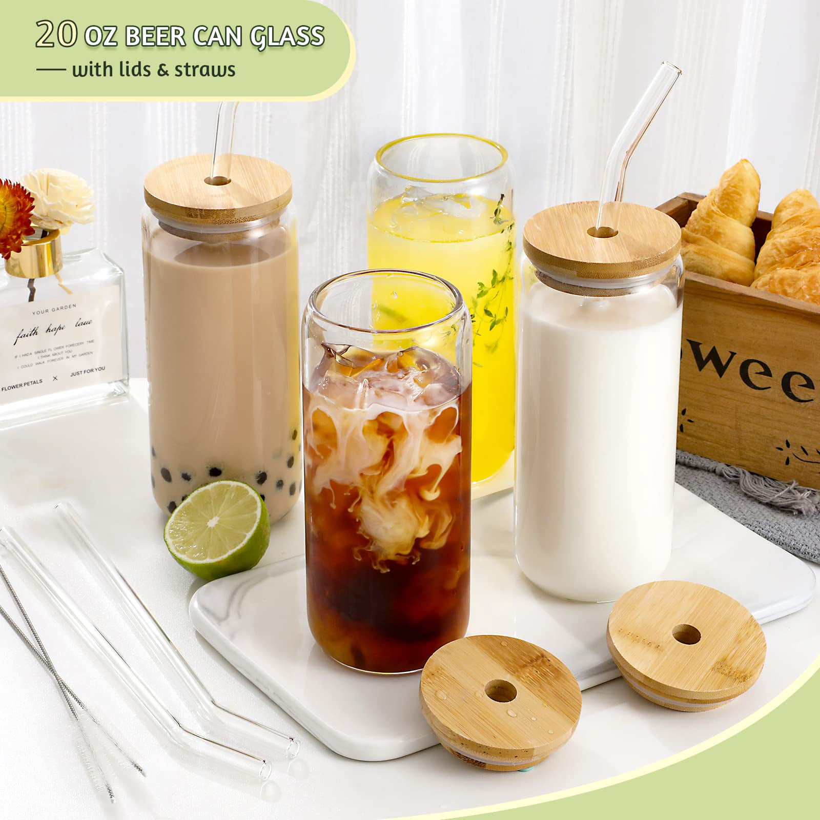  MMonDod 8 Pack Glass Cups with Lids and Straws,Iced Coffee Cup, Glass Beer Cups with Bamboo Lids and Straws,Can Shaped Glass Cups,Glass  Soda Can Cup,16 oz Can Tumbler Glasses with Lid and