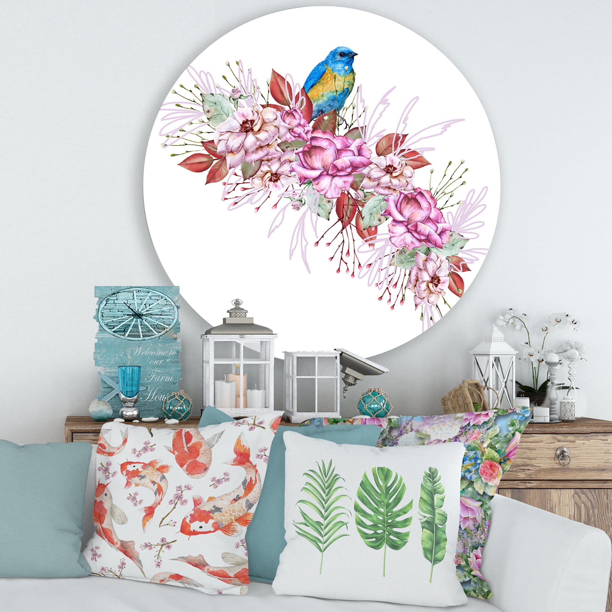 Designart 'Little Blue Bird Sitting On Colorful Boquet of Flowers' Traditional Circle Metal Wall Art 29x29 - Disc of 29