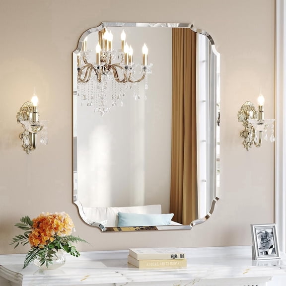 Scalloped Frameless Bathroom Mirror, 22" x 30" Beveled Vanity Rectangle Mirrors with Beveled Edge, Bathroom Vanity Mirror for Over Sink, Fireplace, Entryway, Restroom