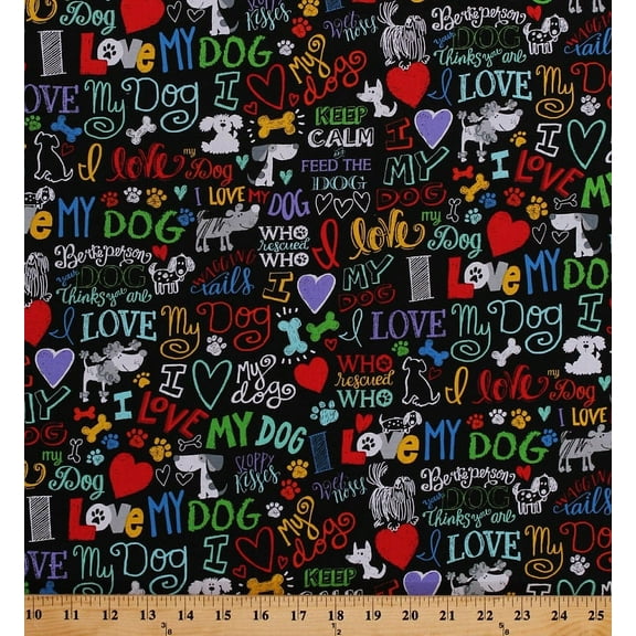 Cotton Dogs Pets Hearts I Love My Dog Words Phrases Rescues Animals Black Cotton Fabric Print by the Yard (GAIL-C5710-BLACK)