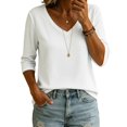 thumbnail image 2 of BODOAO Women's V Neck Sweater 3/4 Sleeve Lightweight Knit Pullover Loose Fit Soft Casual Fall Spring Fashion Top for Women Office Work Everyday Wear Clothing White XL, 2 of 4