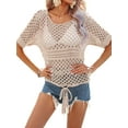 thumbnail image 2 of Arvbitana Women Bikini Cover-Ups Solid Color Hollow-Out Knitted Crew Neck Short Sleeve Beach Swimwear Sunscreen Shirts, 2 of 9