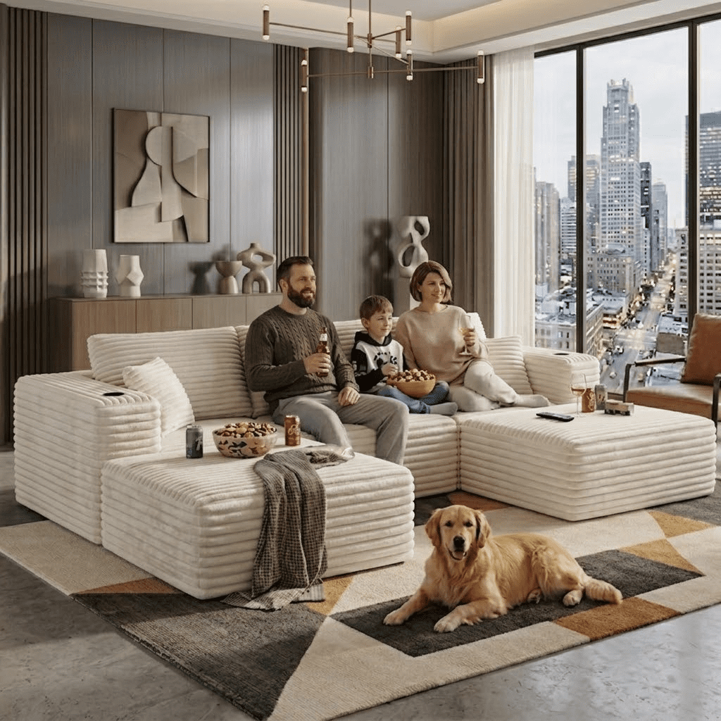 EPOWP 133" Modular Cloud Couch Sectional Sofa, U-Shaped Oversized Sofa with Chaise, Boneless Deep Seat Corduroy Couch with Memory Foam, Cup Holders & Side Pockets, No Assembly Required，Beige