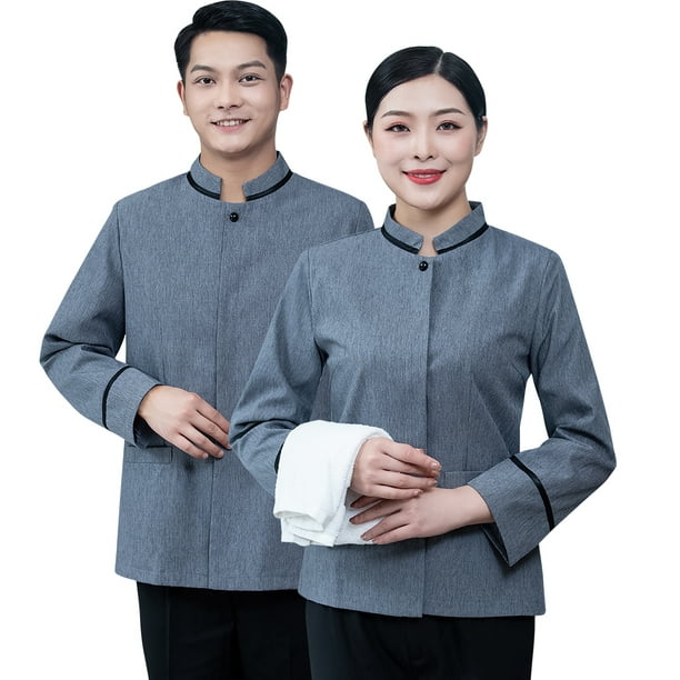 Housekeeping Uniforms Long Sleeved Comfortable Straight Back Breathable  Waitress Clothing for Hotels Restaurants Coffee Shops Grey L Men's style