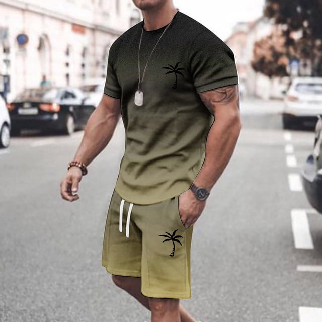 Men's Suits Product Category and Title Synthesis for Summer Tracksuit Plus Size Short Sleeve O Neck Athletic Casual Color Block Drawstring Waist Set
