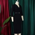 thumbnail image 4 of AURA Plus Size Belted Pencil Midi Dress Large Lapel Collar High Waist 3 4 Sleeve Elegant Office Dress with Zipper, 4 of 10