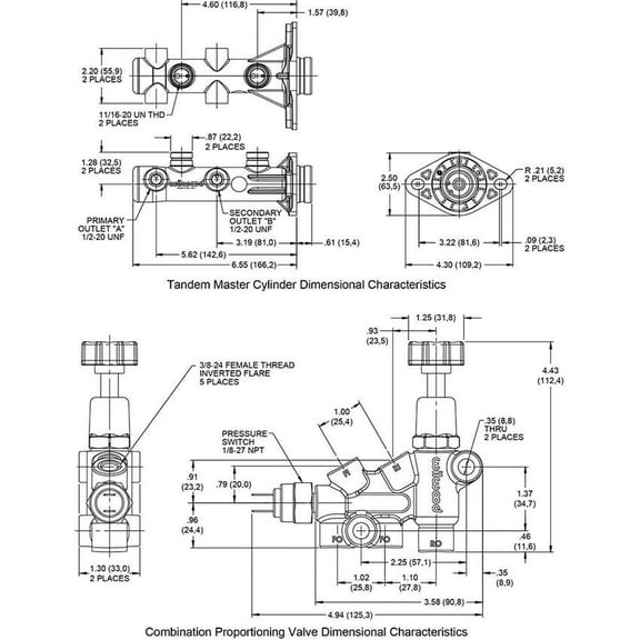 Wilwood 261-16962-BK 1 in. Bore Remote Tandem M-C Kit with Bracket & Valve, Black