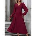 thumbnail image 4 of Women Casual Dress Dot Neck Lantern Sleeve Ruched Waist Dress Midi Dress, 4 of 4