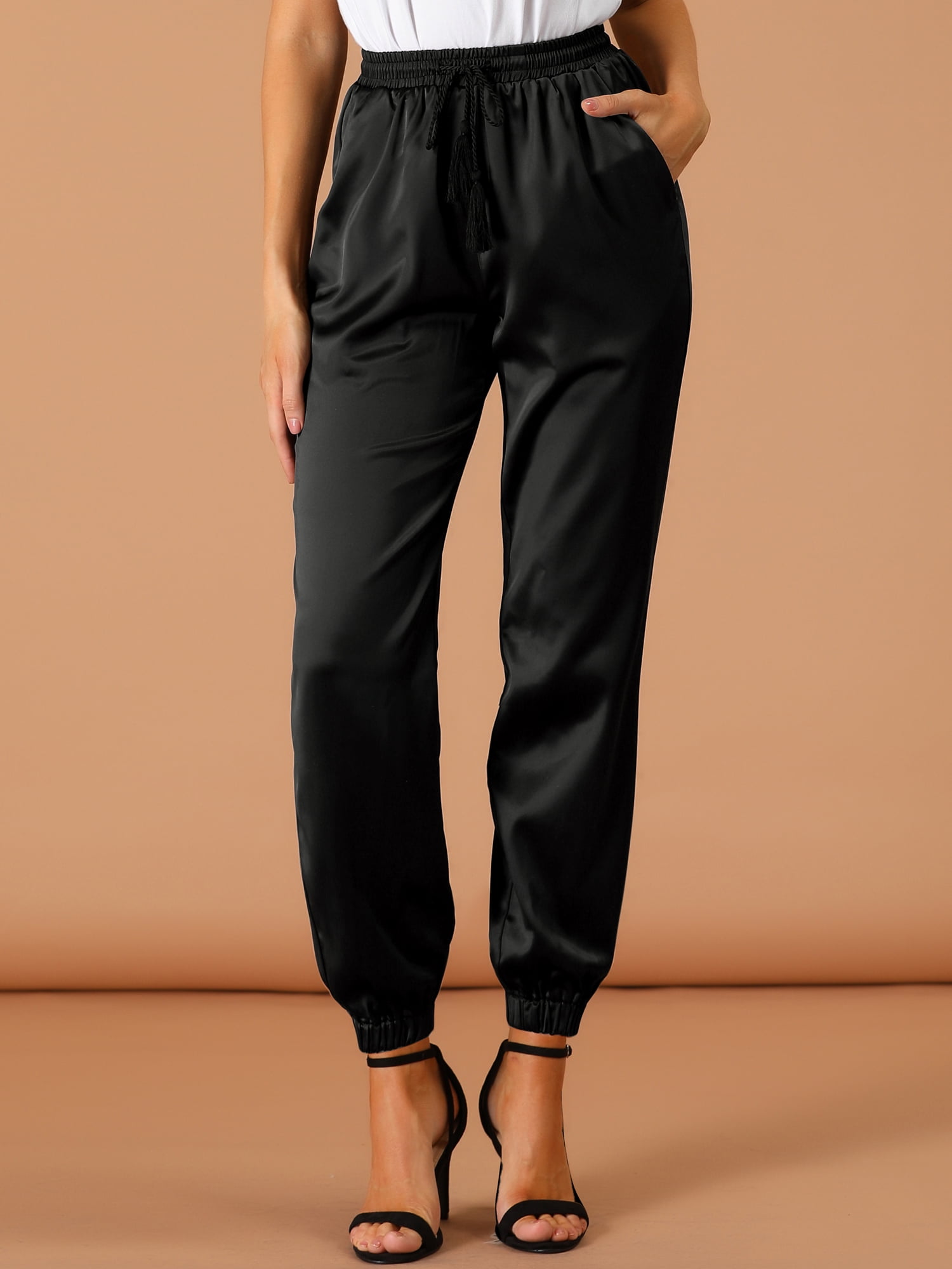 DARING DIVA Women's Satin Straight Leg Ankle Length Joggers Large Black