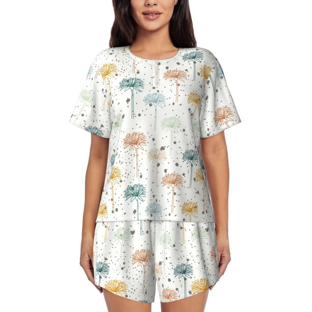 Fotbe Dandelion Conjunto de Pijama Estampado para Mujer, 2 Piezas, Ropa de Dormir con Camiseta de Manga Corta y Shorts Suaves-Large