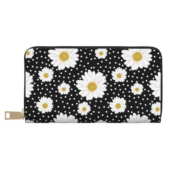 Leather Thin Slim Wallets for Women Men - daisy flowers dotted black Clutch Card Wallet for Women Men with Zipper