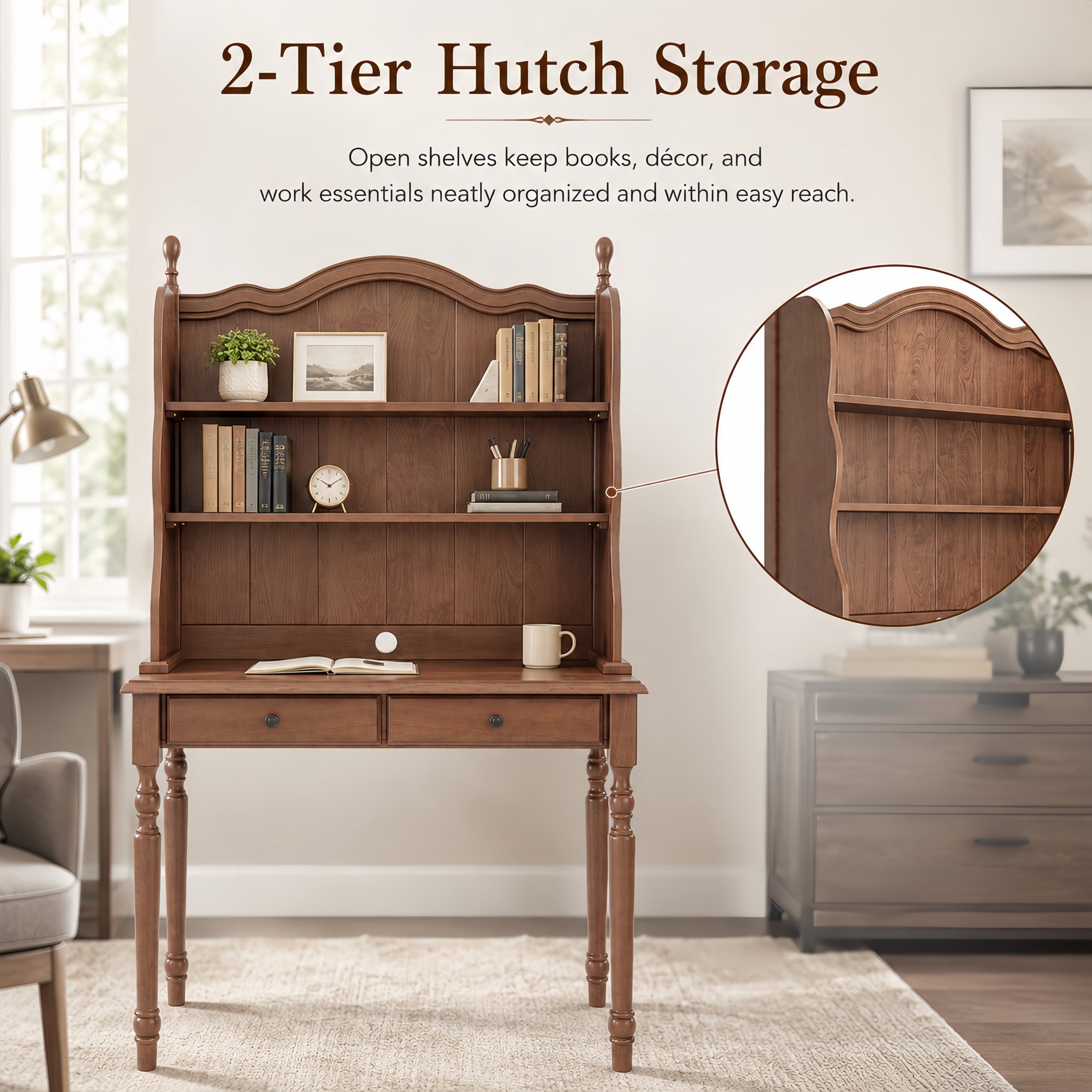 Euroco Mid-Century Computer Desk with Hutch and 2 Drawers, Wood Writing Desk Dressing Table,Study Workstation Table for Home Office Bedroom,Small Space,Walnut