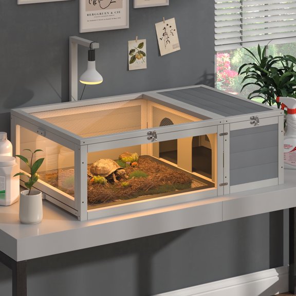 Coziwow 38" Wooden Tortoise House Flip-Top Turtle Cage for Reptiles and Small Animals, Gray