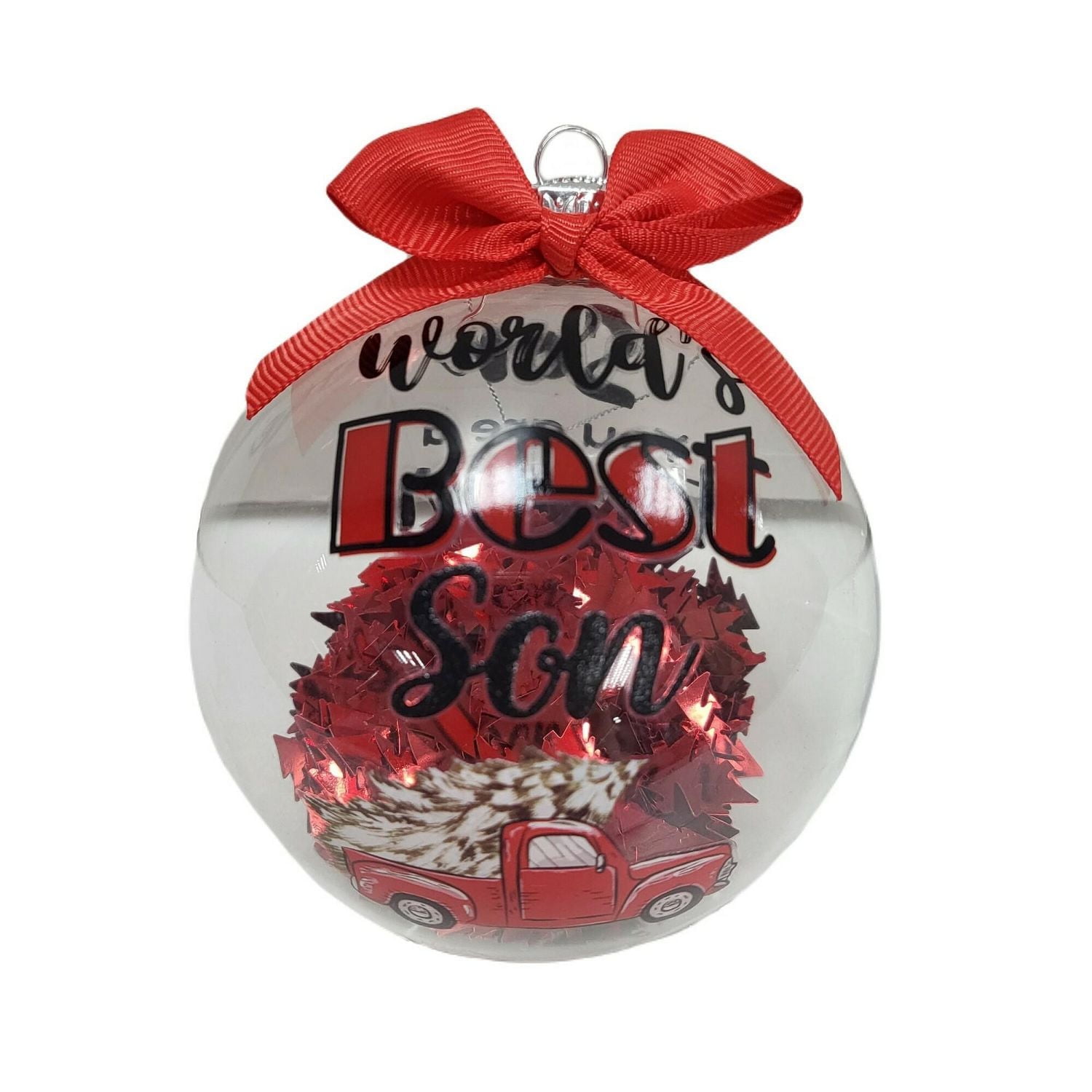 "Le meilleur fils du monde" L'ornement en verre collective rempli d’arbre transparent, 4 po, par temps des fêtes