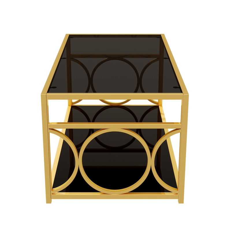Glass Top Coffee End Table with Gold Metal Frame, Rectangular 2-Tier Storage Center Cocktail Table with Open Storage Shelf