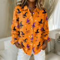 thumbnail image 2 of Delconic Womens Halloween Print Button Down Shirt Long Sleeve Casual Regular Fit Collared Blouse Pumpkin Pattern Top Saffron M, 2 of 7