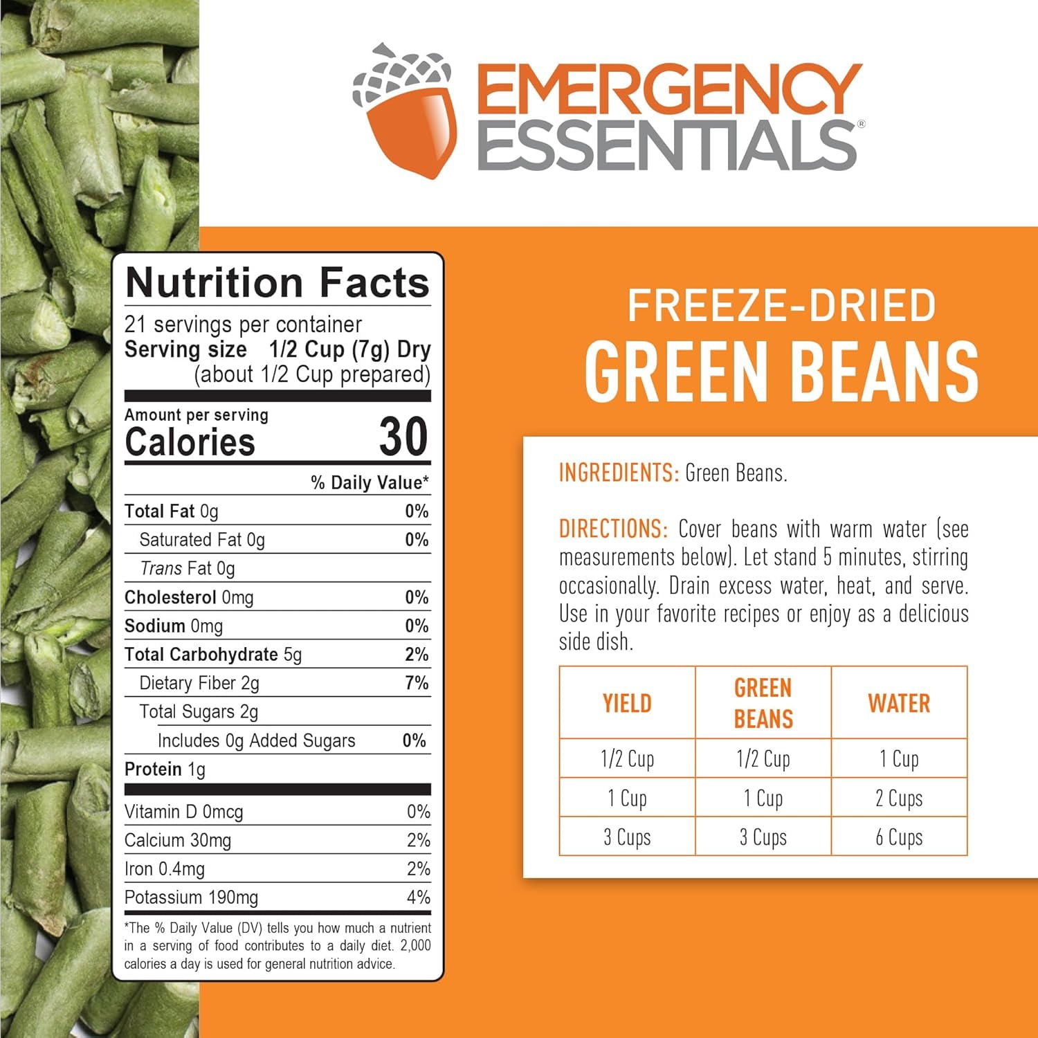 Emergency Essentials Freeze-Dried Green Beans #10 Can – 21 Servings – Emergency Food with 30-Year Shelf Life – Great for Food Storage and Everyday Use – No Additives or Preservatives – Made in USA