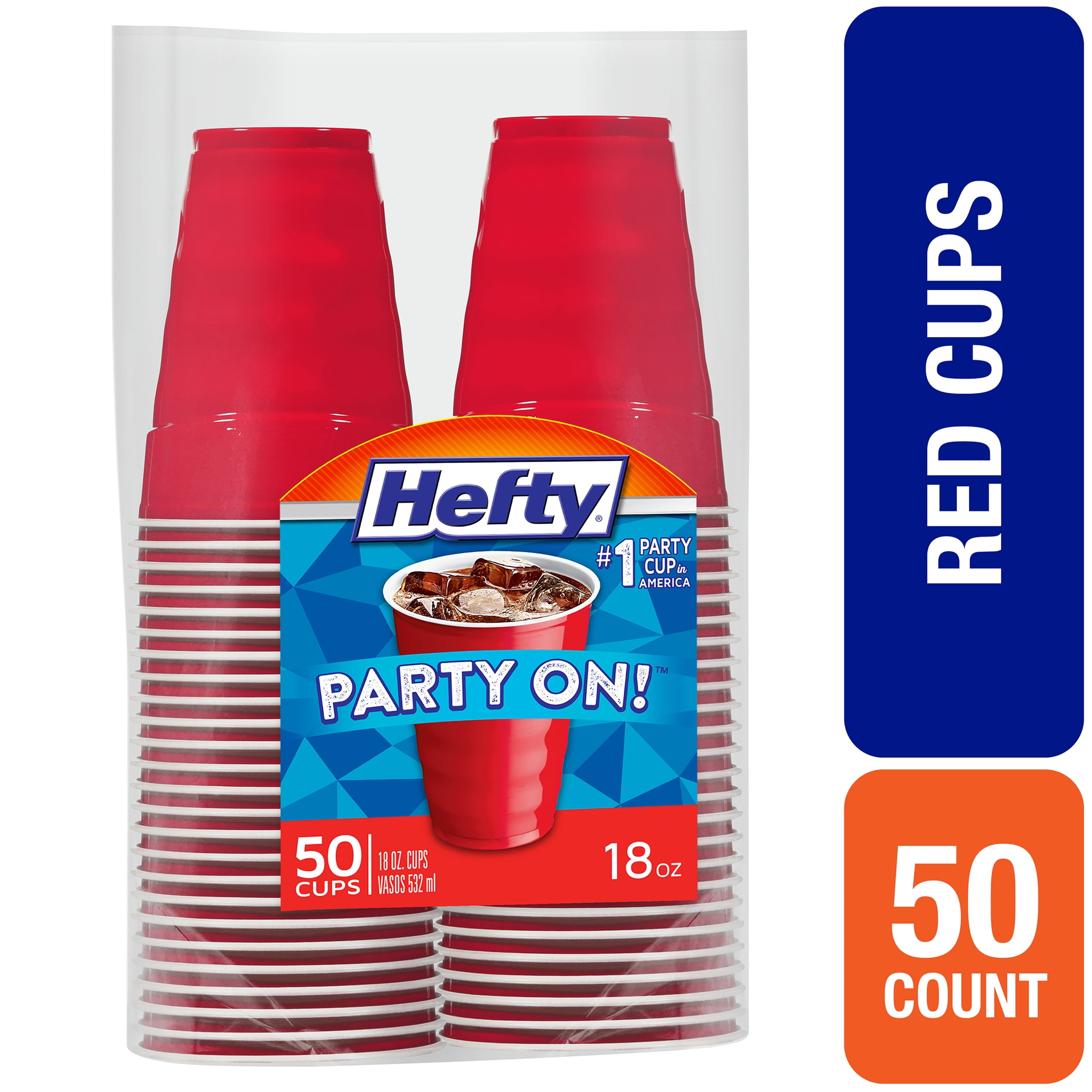 Hefty Party On Disposable Plastic Cups, Red, 18 Ounce, 50 Count