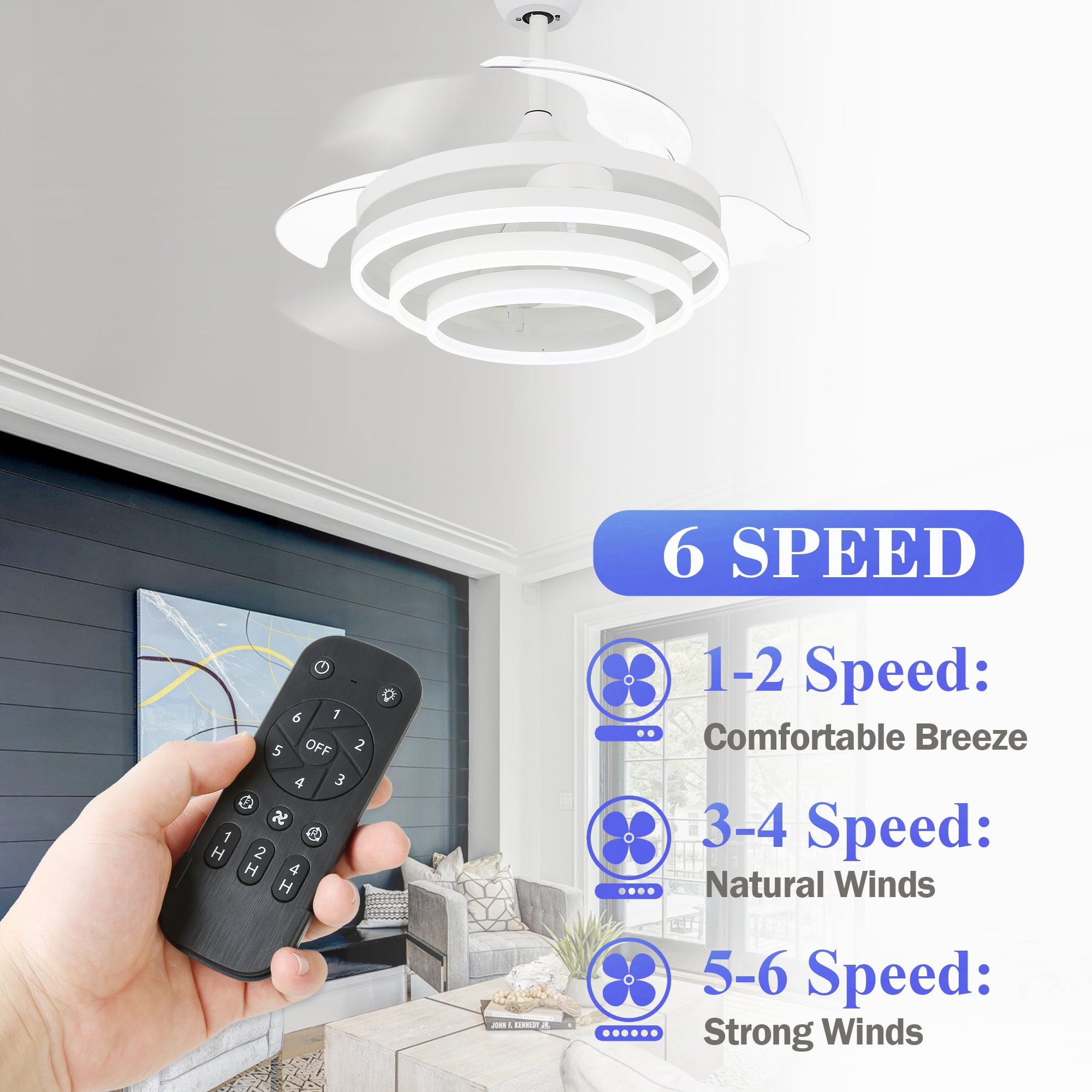 42" White Retractable Ceiling Fan with LED Light and Remote Control , DIY Shape Reversible Ceiling Fan with 6-Speeds