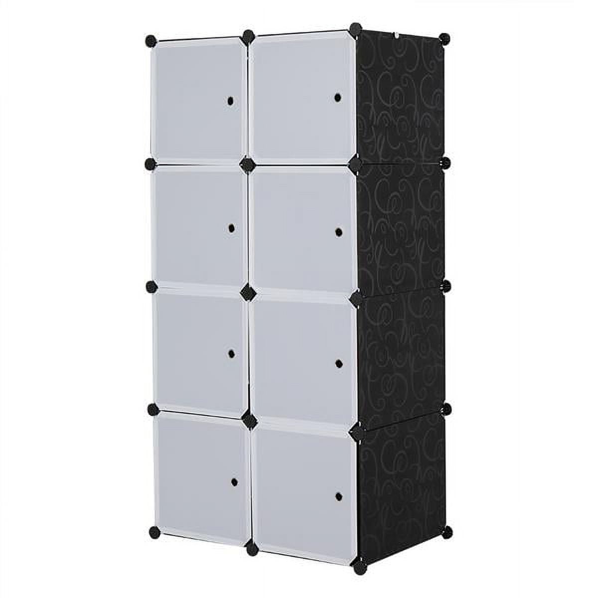 White/Black 8-Cube Stackable Plastic Storage Shelves - Modular Closet Organizer with Hanging Rod & Doors, Multifunctional for Bedroom, Living Room & Kids Room