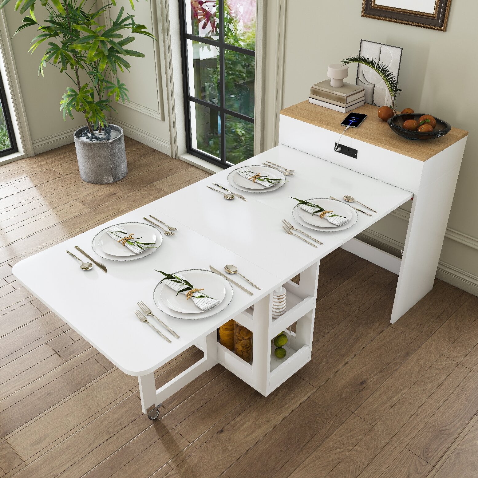 74-inch Extendable Dining Table with Power Socket and Small Space Storage Cabinet Imitation Marble Surface Kitchen Island with Lockable Casters and A Pull-Out Tabletop for Kitchen White