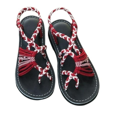 

Bohemian Sandals Gladiator Sandals Female Flat Sandals Style Tied Sandals Shoes Beach Ladies Shoes Red 40