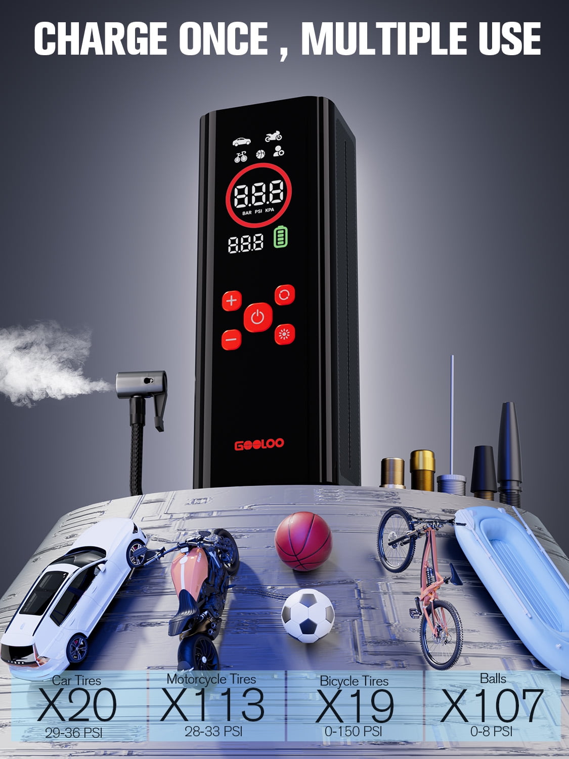GOOLOO AP150 PRO Cordless Compact Tire Inflator, 4X Faster 150 PSI Portable Air Compressor with 7500mAh Battery, Color LED Display, Auto Shut-Off, Pressure Gauge and LED Light for Car, Bike, Ball