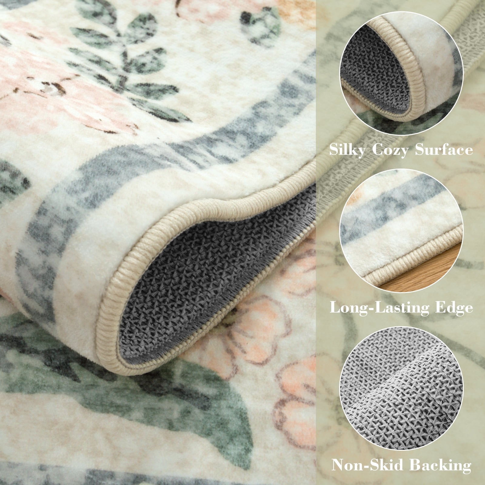 Lahome 8'x10' Washable Area Rug for Living Room with Non Slip Backing,Traditional Boho Rug,Low Pile Lightweight Carpet,Floral Print Mat,Washable Machine for Bedroom,Beige