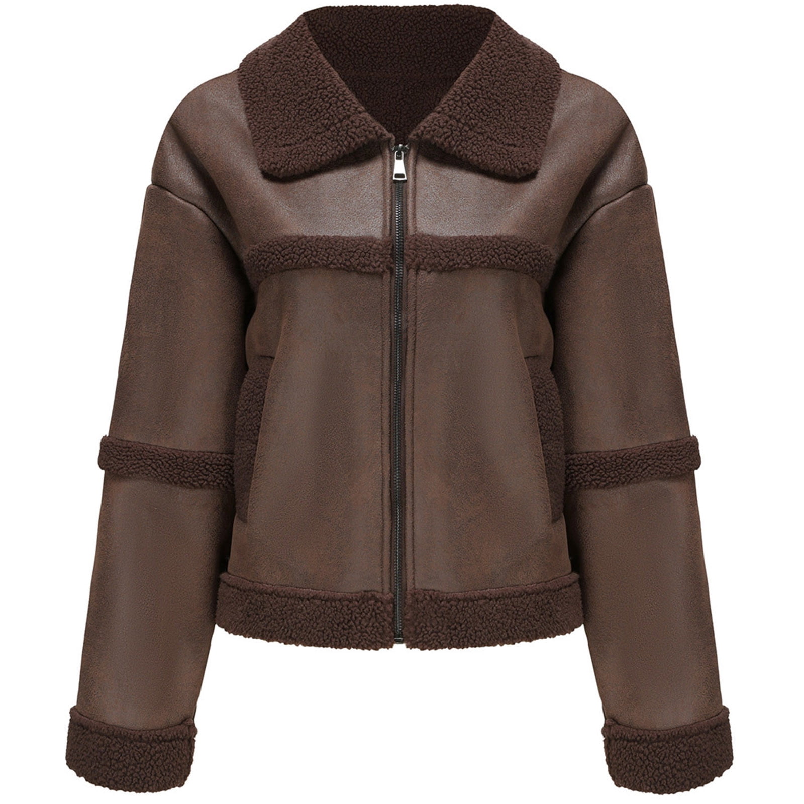 Women Cropped Sherpa Moto Jacket Lapel Faux Leather Coat Fleece Lining Aviator Bomber Jacket Leather Jacket Women Zip Up Faux Leather Jacket Y2k Jacket